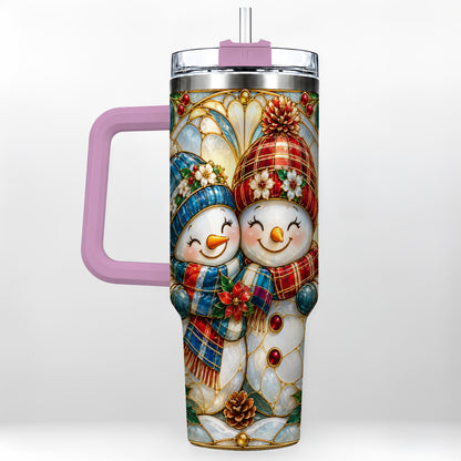 #pl[40oz|Pink] Snowman Couple 40oz Tumbler, Floral Winter Stainless Steel Travel Cup