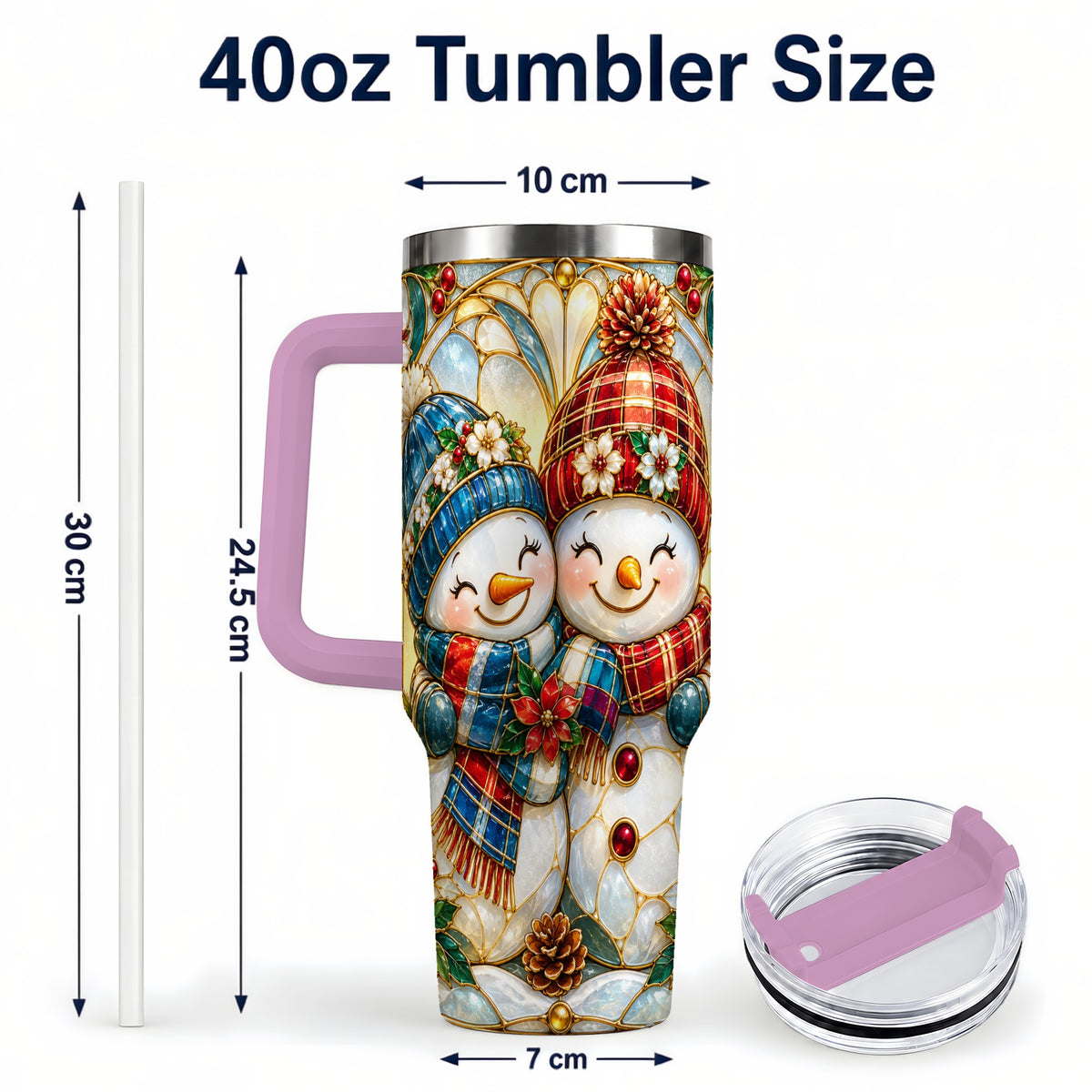 #pl[40oz|Pink] Snowman Couple 40oz Tumbler, Floral Winter Stainless Steel Travel Cup