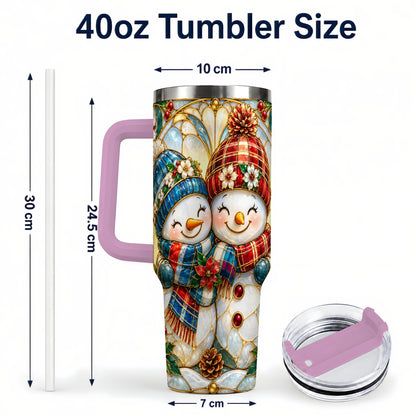 #pl[40oz|Pink] Snowman Couple 40oz Tumbler, Floral Winter Stainless Steel Travel Cup