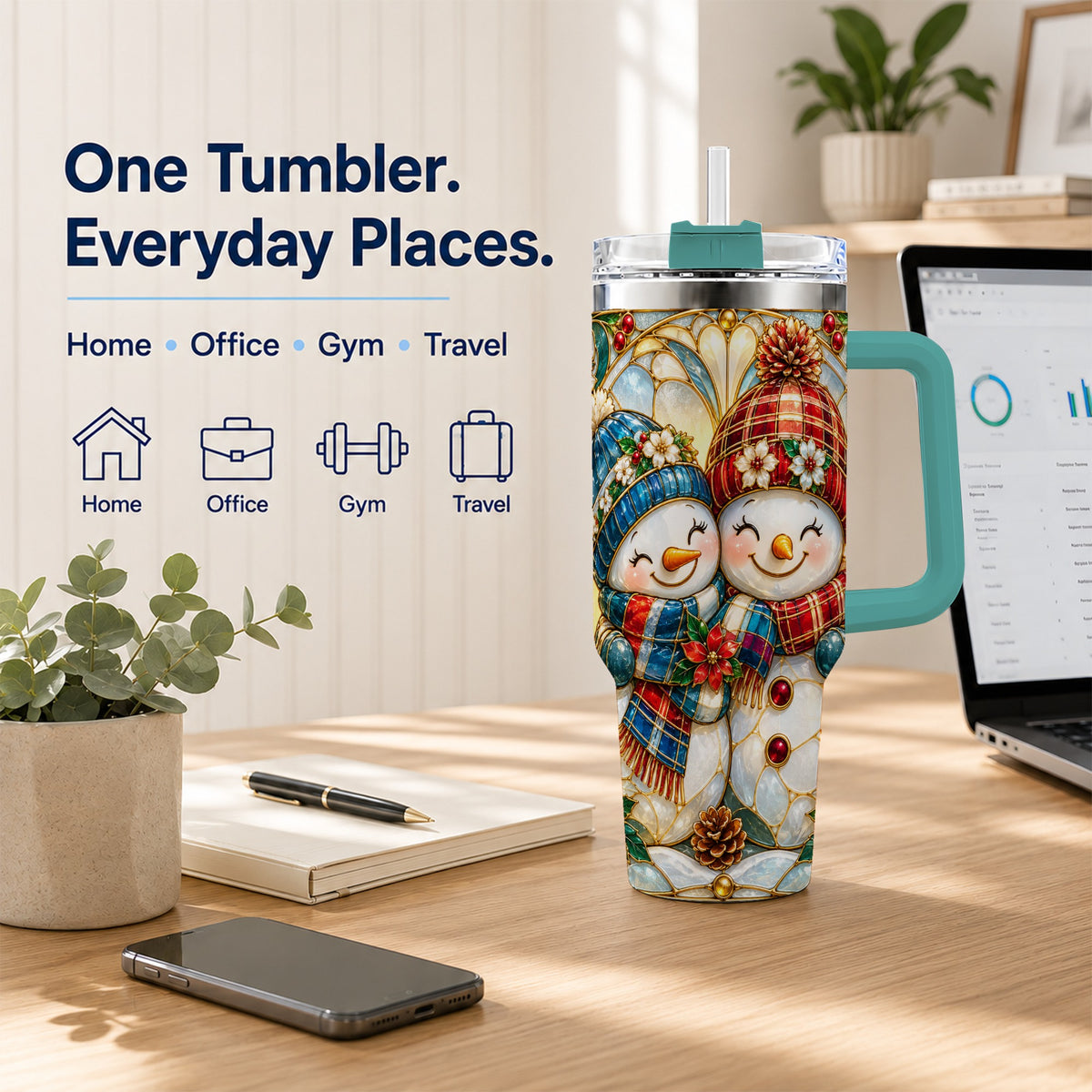 #pl[40oz|Green] Snowman Couple 40oz Tumbler, Floral Winter Stainless Steel Travel Cup