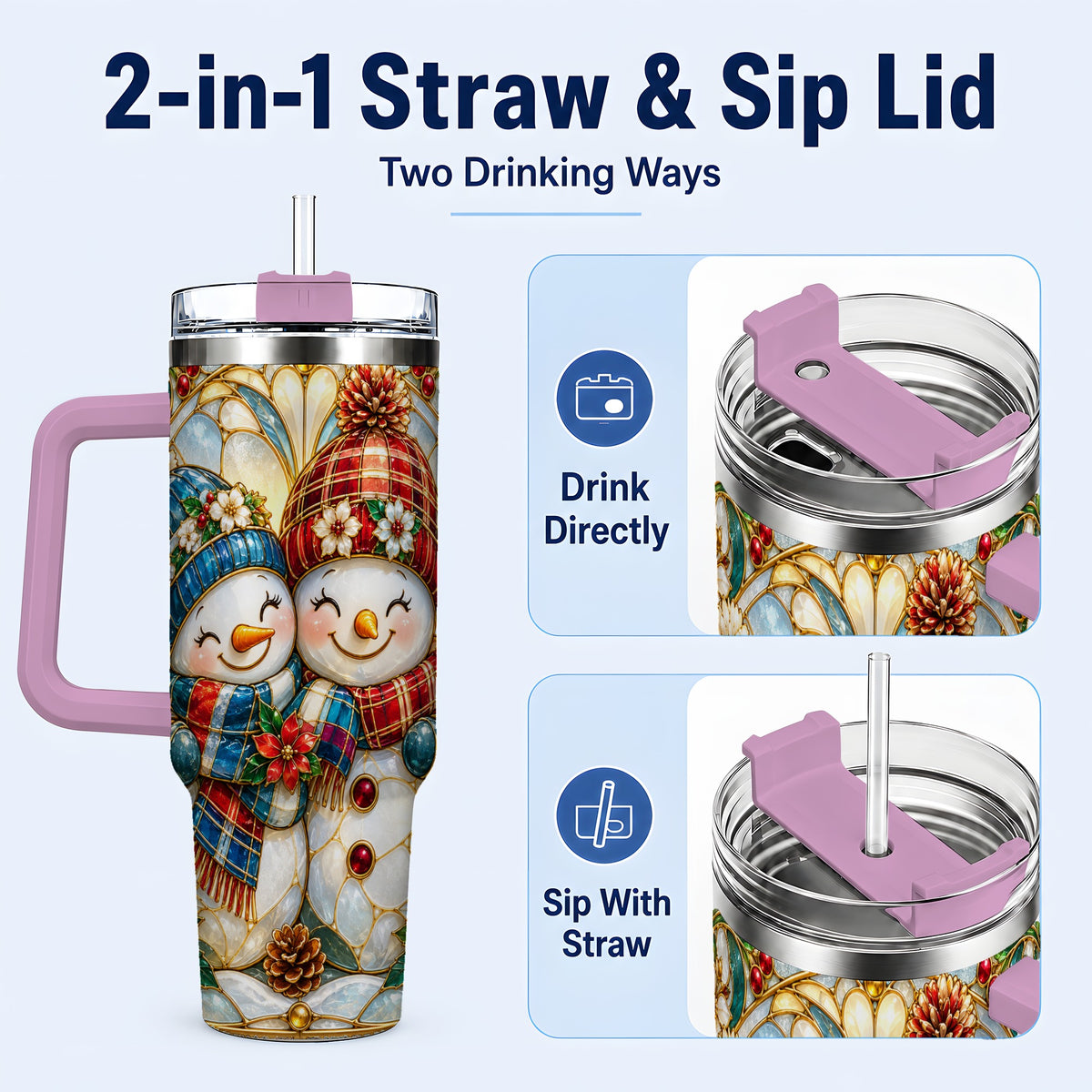 #pl[40oz|Pink] Snowman Couple 40oz Tumbler, Floral Winter Stainless Steel Travel Cup