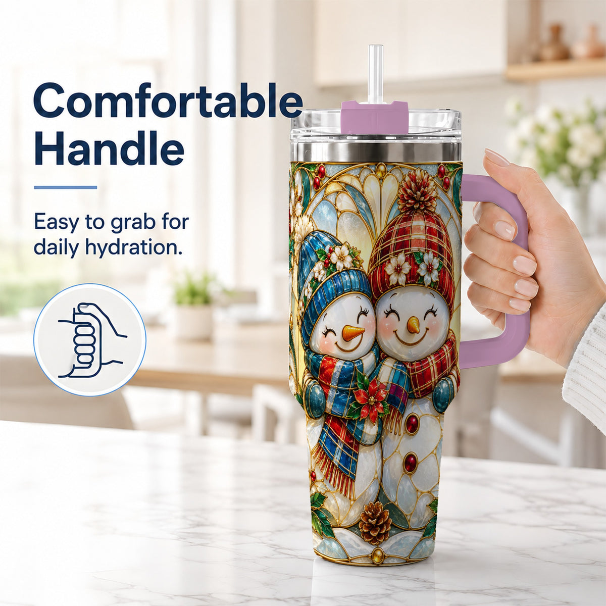 #pl[40oz|Pink] Snowman Couple 40oz Tumbler, Floral Winter Stainless Steel Travel Cup