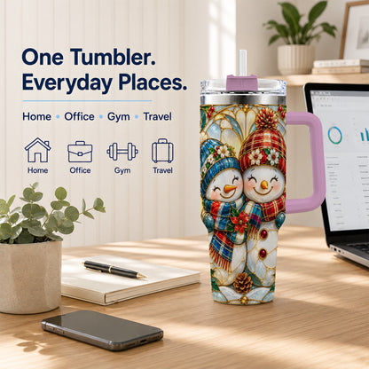 #pl[40oz|Pink] Snowman Couple 40oz Tumbler, Floral Winter Stainless Steel Travel Cup