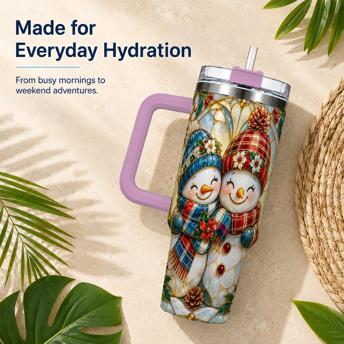 #pl[40oz|Pink] Snowman Couple 40oz Tumbler, Floral Winter Stainless Steel Travel Cup