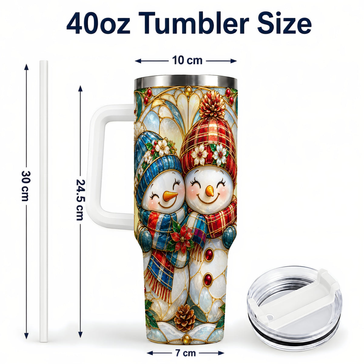#pl[40oz|White] Snowman Couple 40oz Tumbler, Floral Winter Stainless Steel Travel Cup