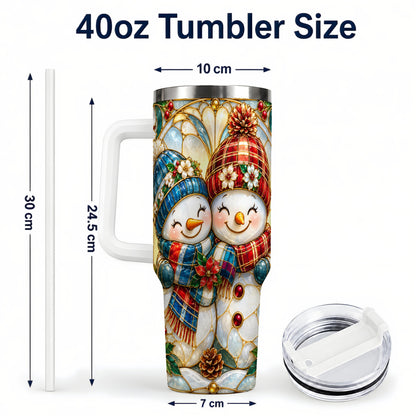 #pl[40oz|White] Snowman Couple 40oz Tumbler, Floral Winter Stainless Steel Travel Cup
