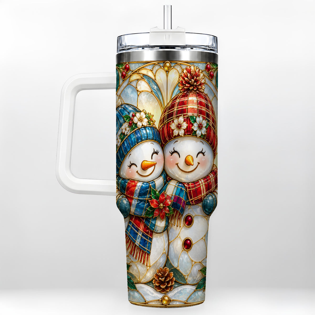 Snowman Couple 40oz Tumbler, Floral Winter Stainless Steel Travel Cup