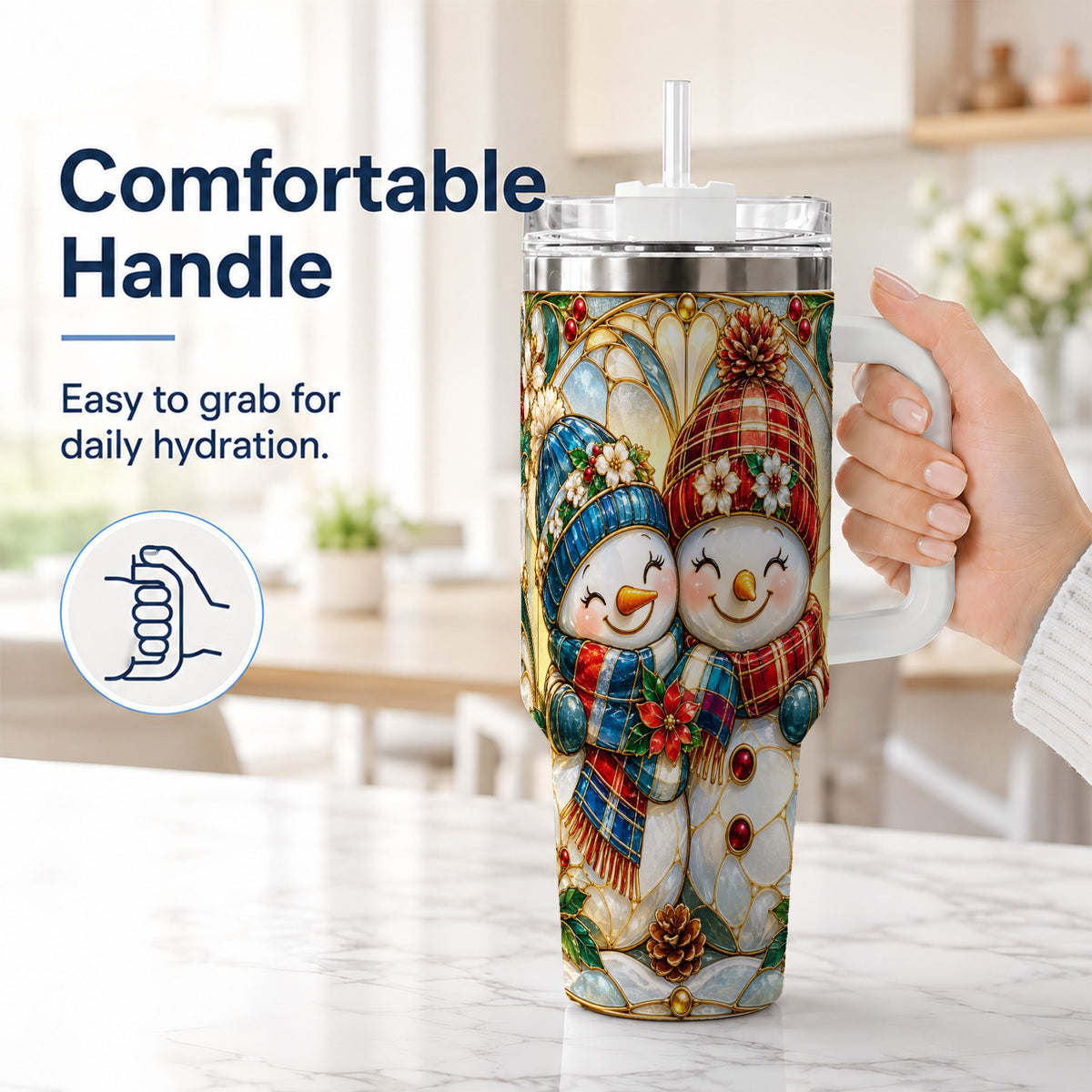 #pl[40oz|White] Snowman Couple 40oz Tumbler, Floral Winter Stainless Steel Travel Cup