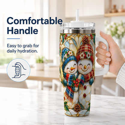 #pl[40oz|White] Snowman Couple 40oz Tumbler, Floral Winter Stainless Steel Travel Cup