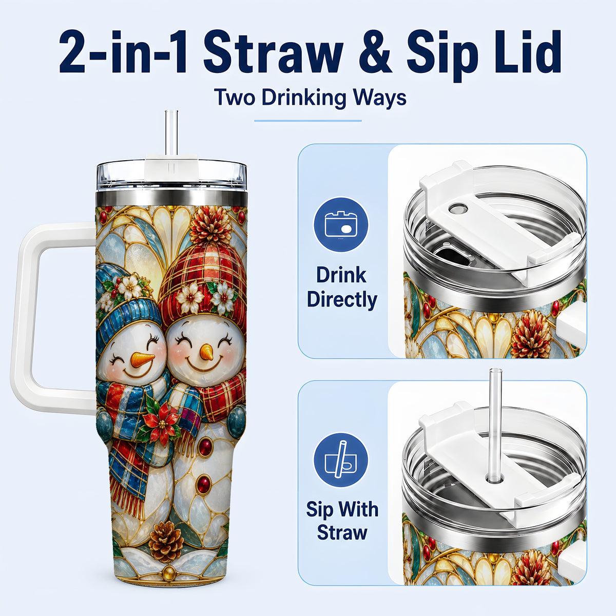 #pl[40oz|White] Snowman Couple 40oz Tumbler, Floral Winter Stainless Steel Travel Cup