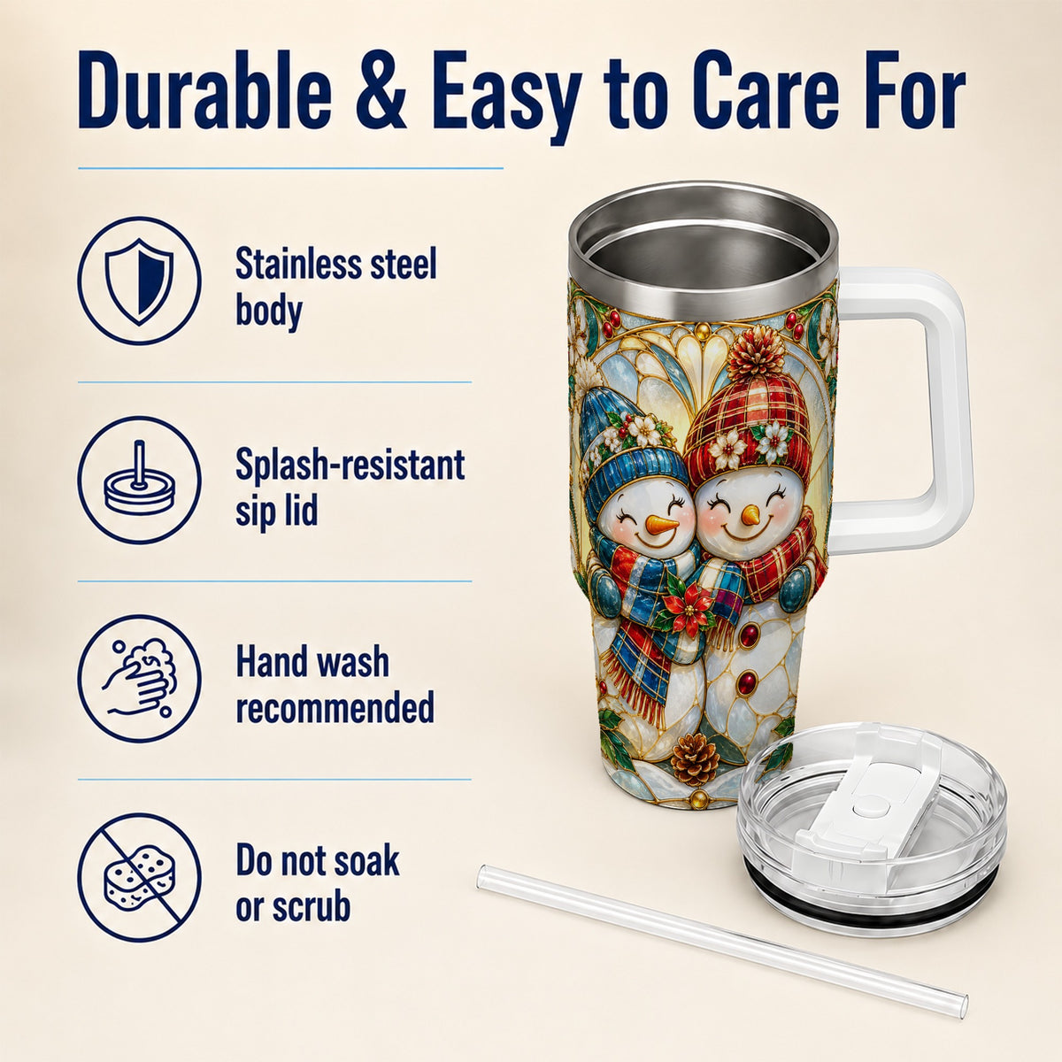 #pl[40oz|White] Snowman Couple 40oz Tumbler, Floral Winter Stainless Steel Travel Cup