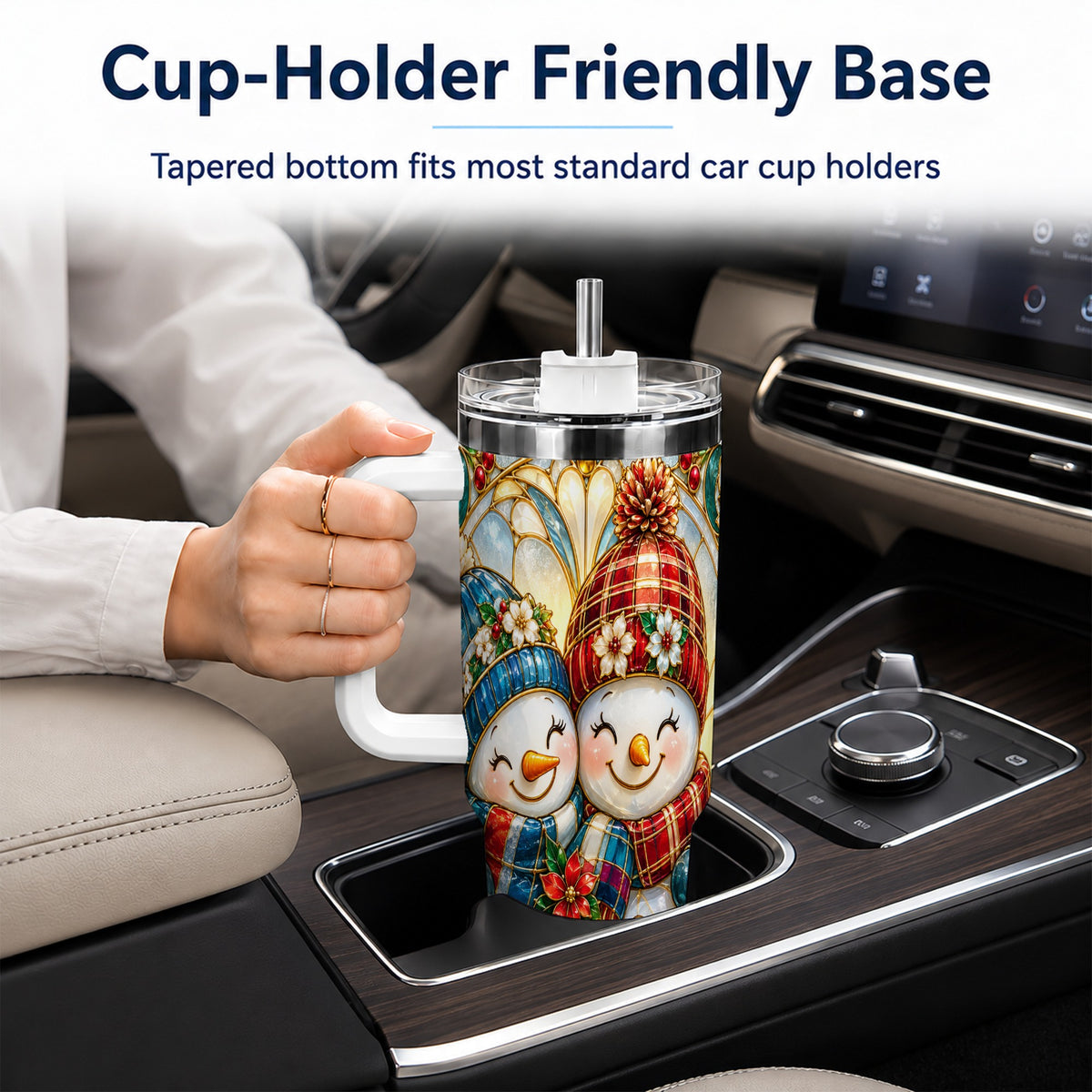 #pl[40oz|White] Snowman Couple 40oz Tumbler, Floral Winter Stainless Steel Travel Cup