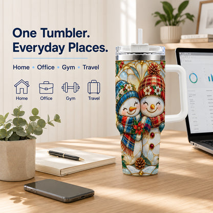 #pl[40oz|White] Snowman Couple 40oz Tumbler, Floral Winter Stainless Steel Travel Cup