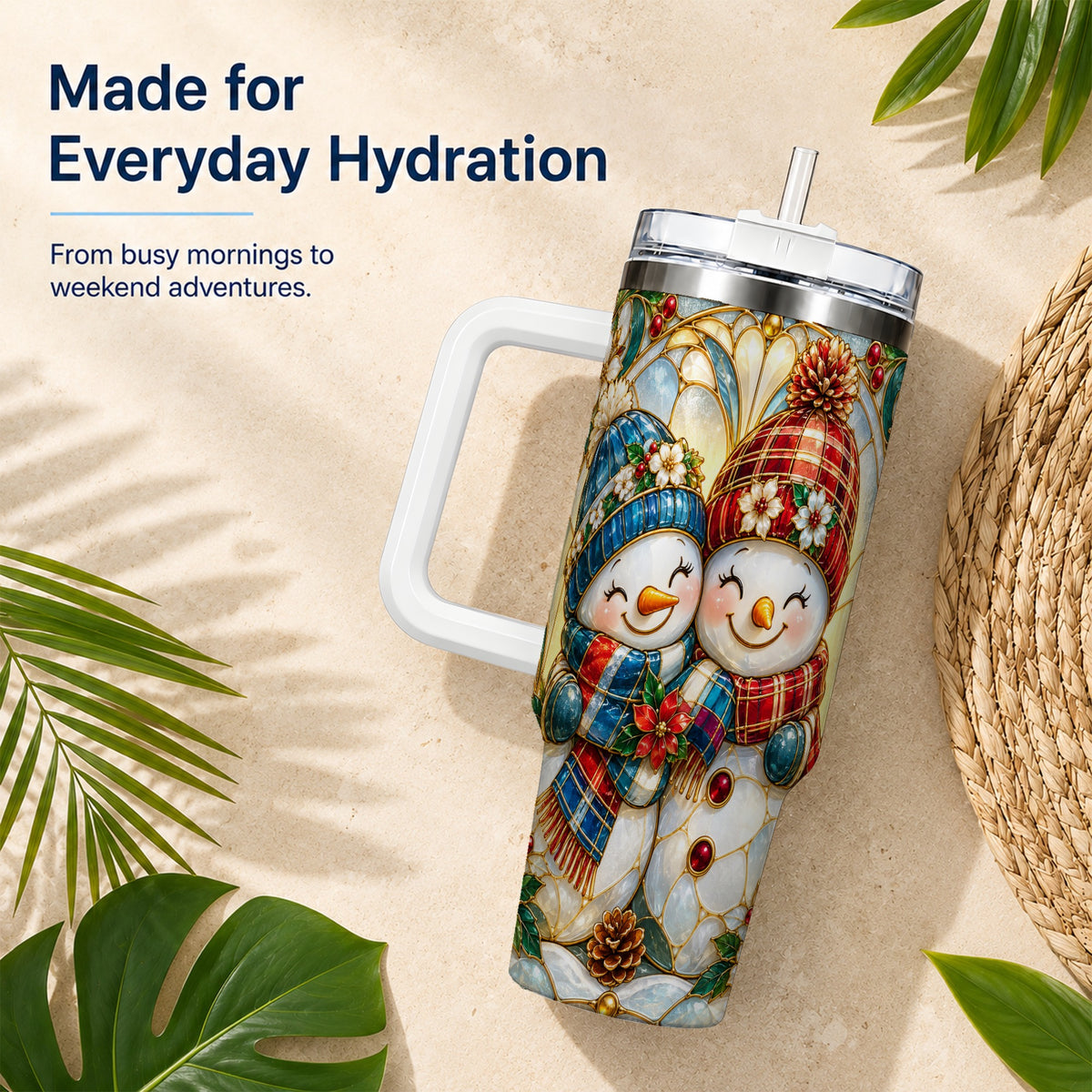 #pl[40oz|White] Snowman Couple 40oz Tumbler, Floral Winter Stainless Steel Travel Cup