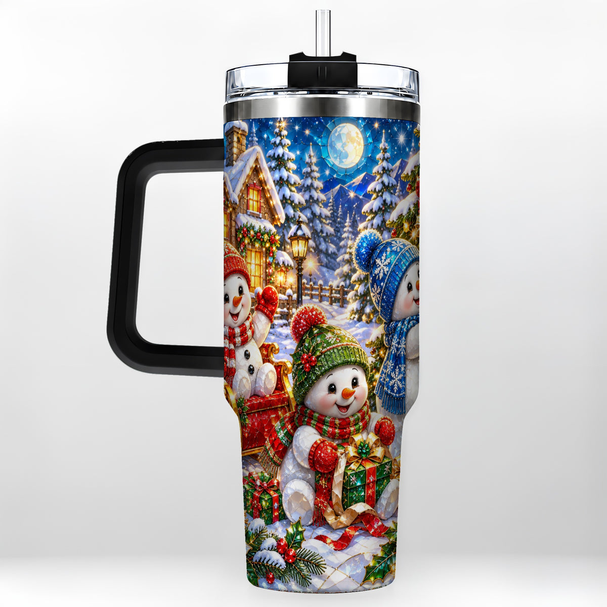 #pl[40oz|Black] Snowman Family 40oz Tumbler with Handle, Christmas Stainless Steel Cup