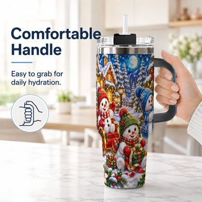 #pl[40oz|Black] Snowman Family 40oz Tumbler with Handle, Christmas Stainless Steel Cup