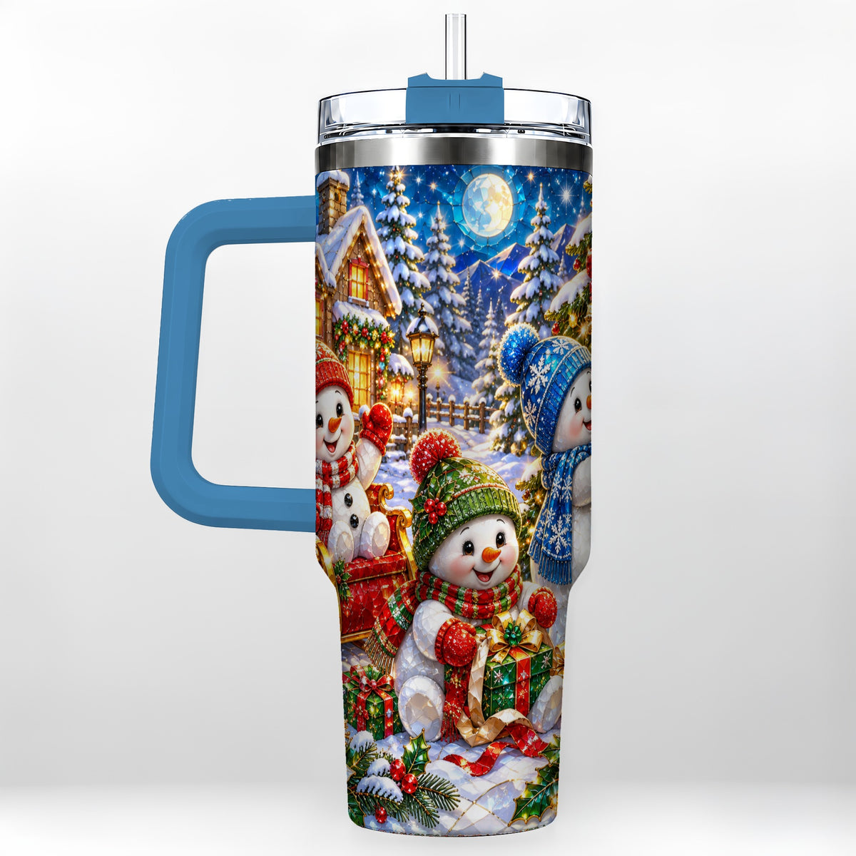 #pl[40oz|Blue] Snowman Family 40oz Tumbler with Handle, Christmas Stainless Steel Cup