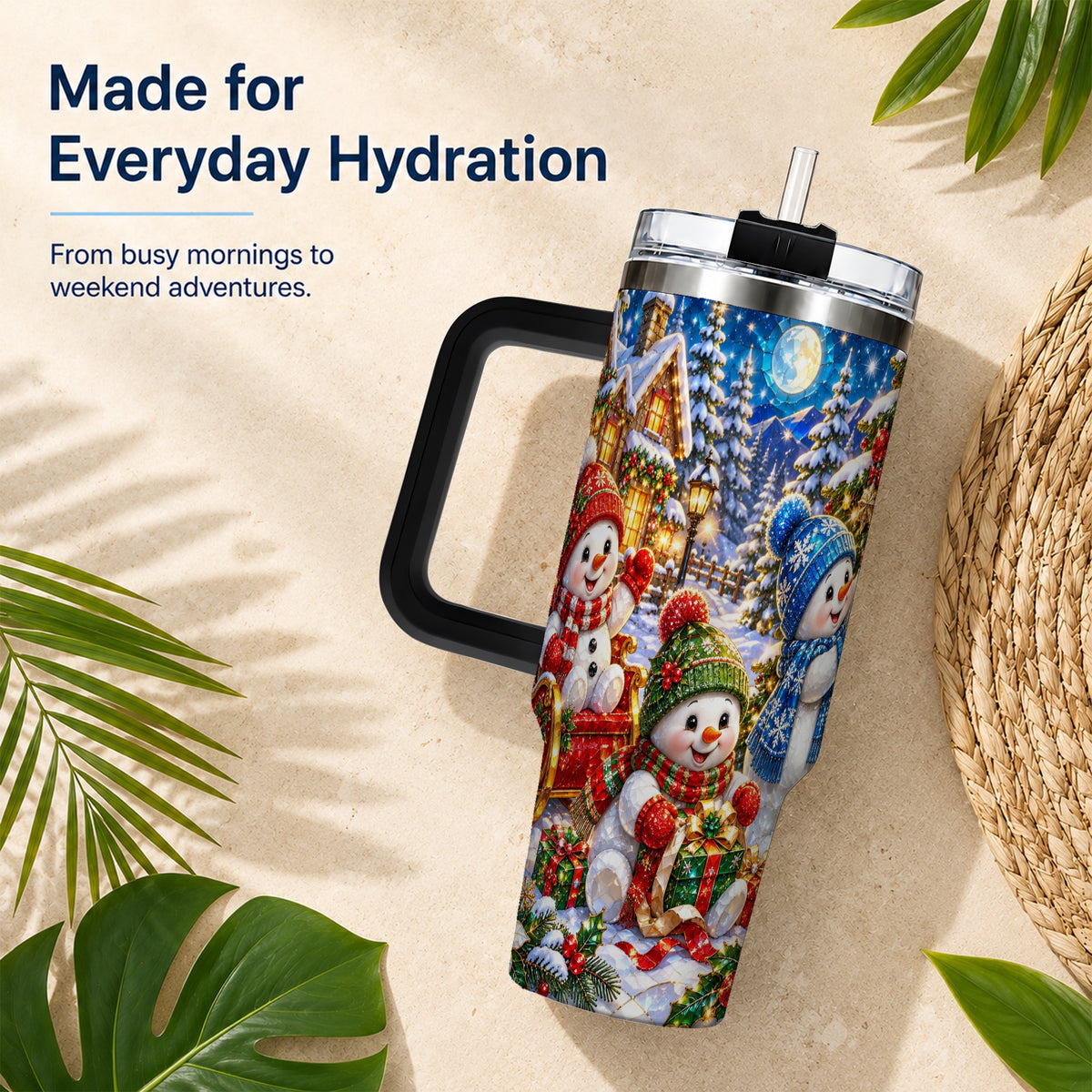 #pl[40oz|Black] Snowman Family 40oz Tumbler with Handle, Christmas Stainless Steel Cup