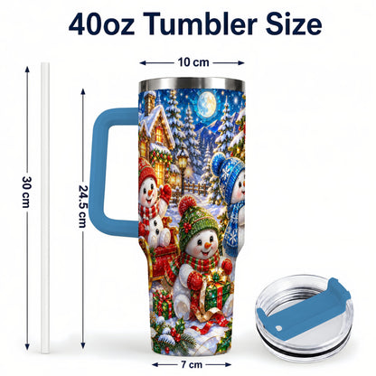 #pl[40oz|Blue] Snowman Family 40oz Tumbler with Handle, Christmas Stainless Steel Cup