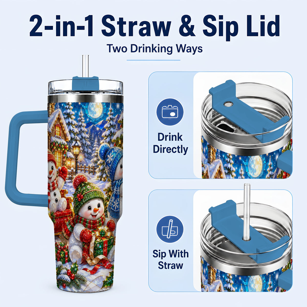 #pl[40oz|Blue] Snowman Family 40oz Tumbler with Handle, Christmas Stainless Steel Cup