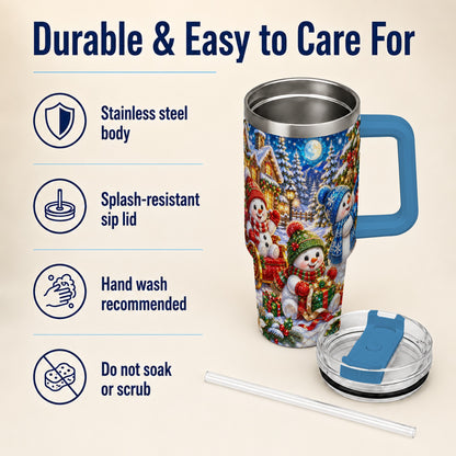 #pl[40oz|Blue] Snowman Family 40oz Tumbler with Handle, Christmas Stainless Steel Cup