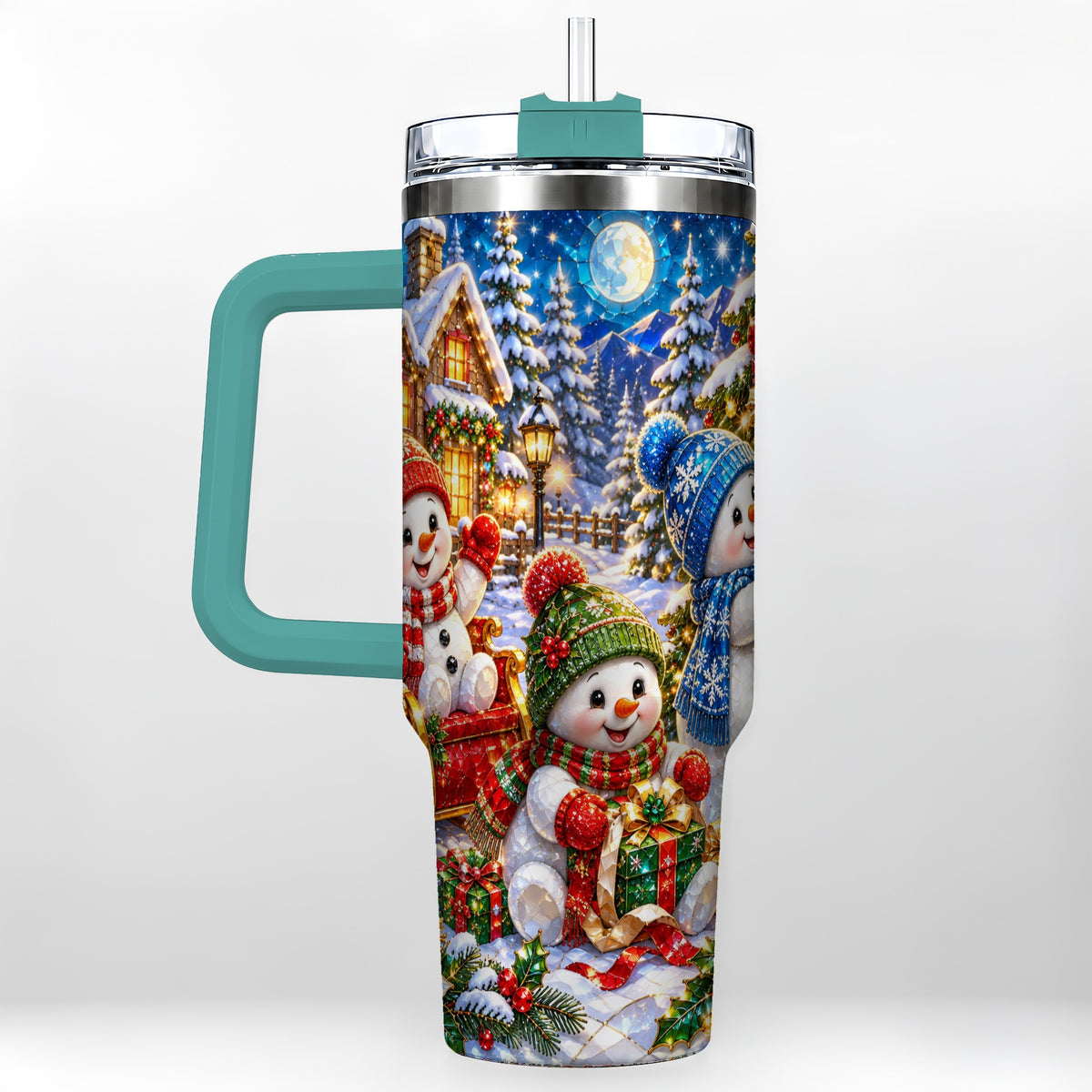 #pl[40oz|Green] Snowman Family 40oz Tumbler with Handle, Christmas Stainless Steel Cup