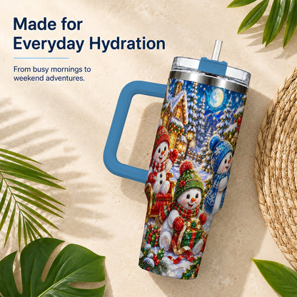 #pl[40oz|Blue] Snowman Family 40oz Tumbler with Handle, Christmas Stainless Steel Cup