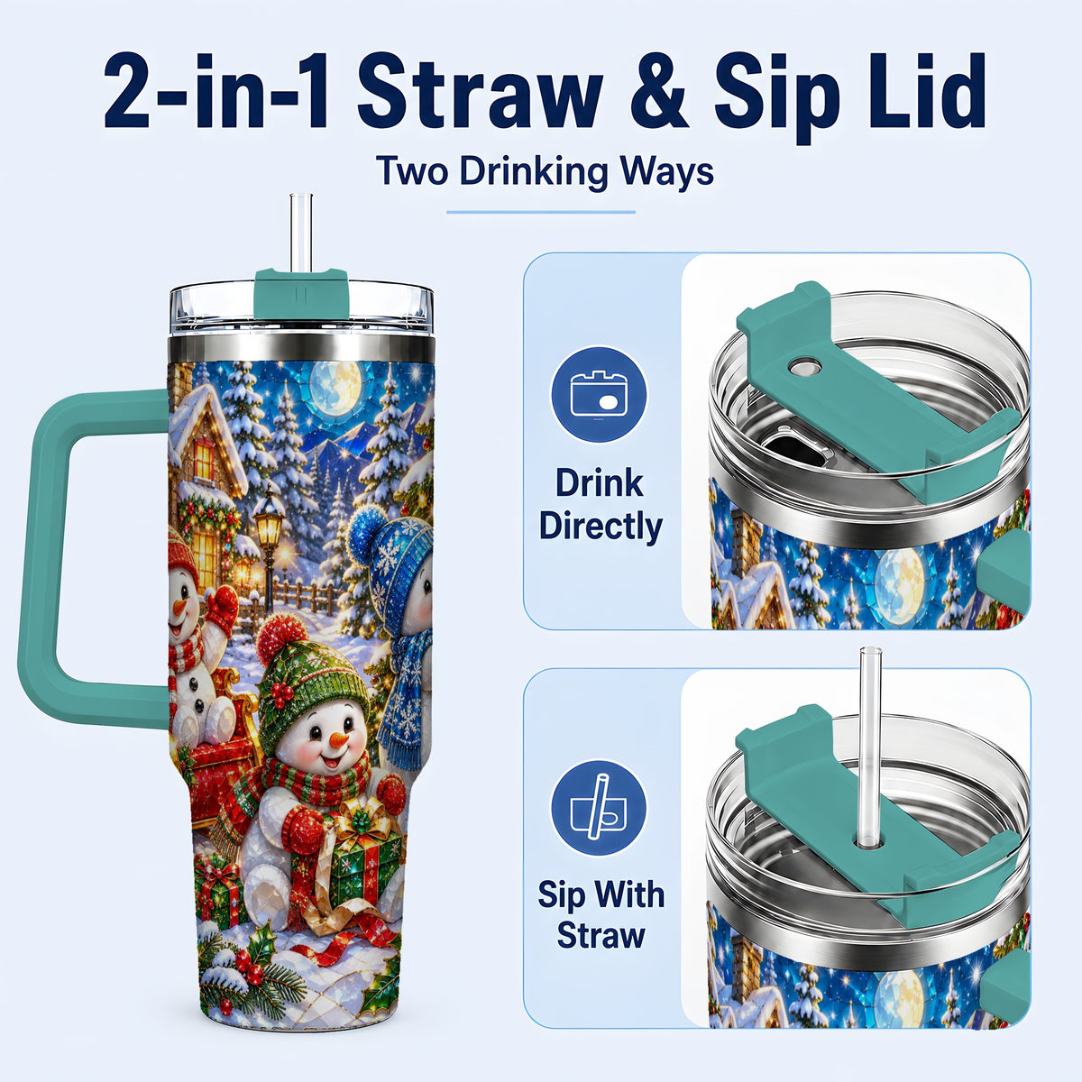 #pl[40oz|Green] Snowman Family 40oz Tumbler with Handle, Christmas Stainless Steel Cup