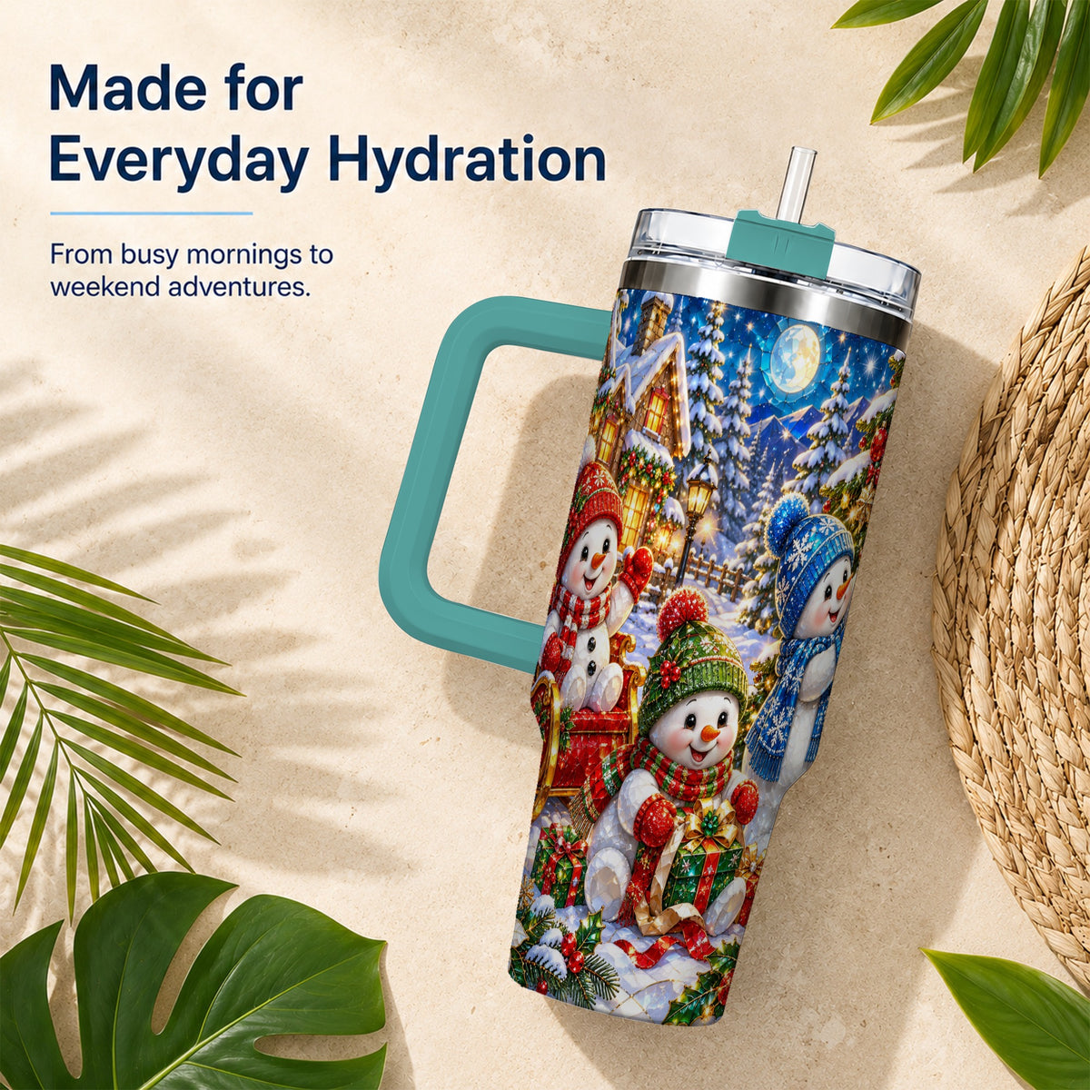 #pl[40oz|Green] Snowman Family 40oz Tumbler with Handle, Christmas Stainless Steel Cup