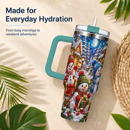 #pl[40oz|Green] Snowman Family 40oz Tumbler with Handle, Christmas Stainless Steel Cup