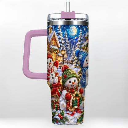#pl[40oz|Pink] Snowman Family 40oz Tumbler with Handle, Christmas Stainless Steel Cup