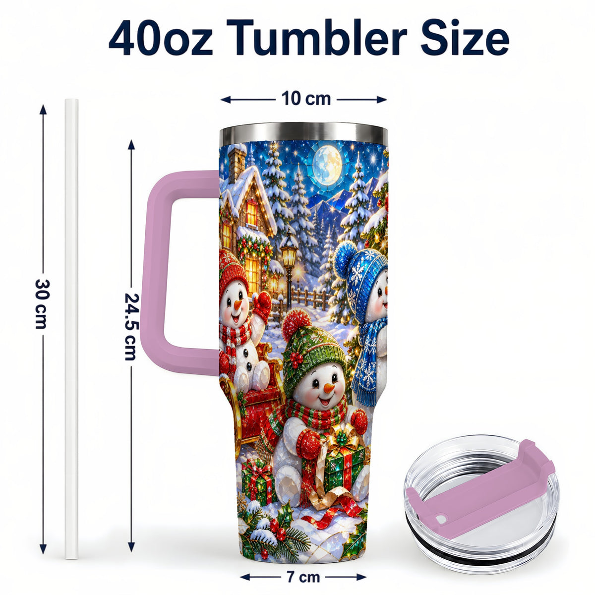 #pl[40oz|Pink] Snowman Family 40oz Tumbler with Handle, Christmas Stainless Steel Cup