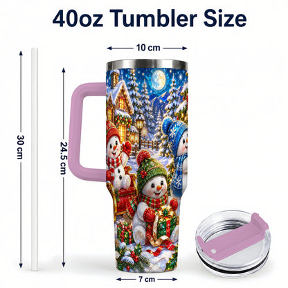 #pl[40oz|Pink] Snowman Family 40oz Tumbler with Handle, Christmas Stainless Steel Cup