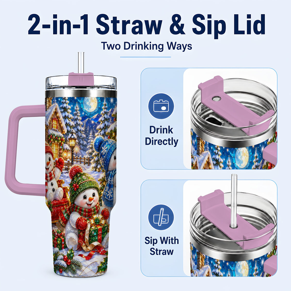 #pl[40oz|Pink] Snowman Family 40oz Tumbler with Handle, Christmas Stainless Steel Cup