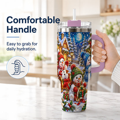 #pl[40oz|Pink] Snowman Family 40oz Tumbler with Handle, Christmas Stainless Steel Cup