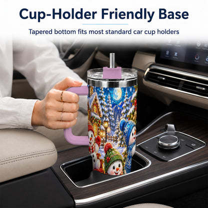 #pl[40oz|Pink] Snowman Family 40oz Tumbler with Handle, Christmas Stainless Steel Cup