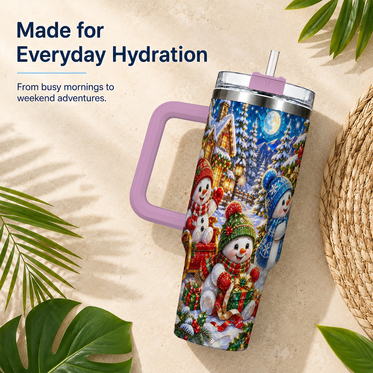 #pl[40oz|Pink] Snowman Family 40oz Tumbler with Handle, Christmas Stainless Steel Cup