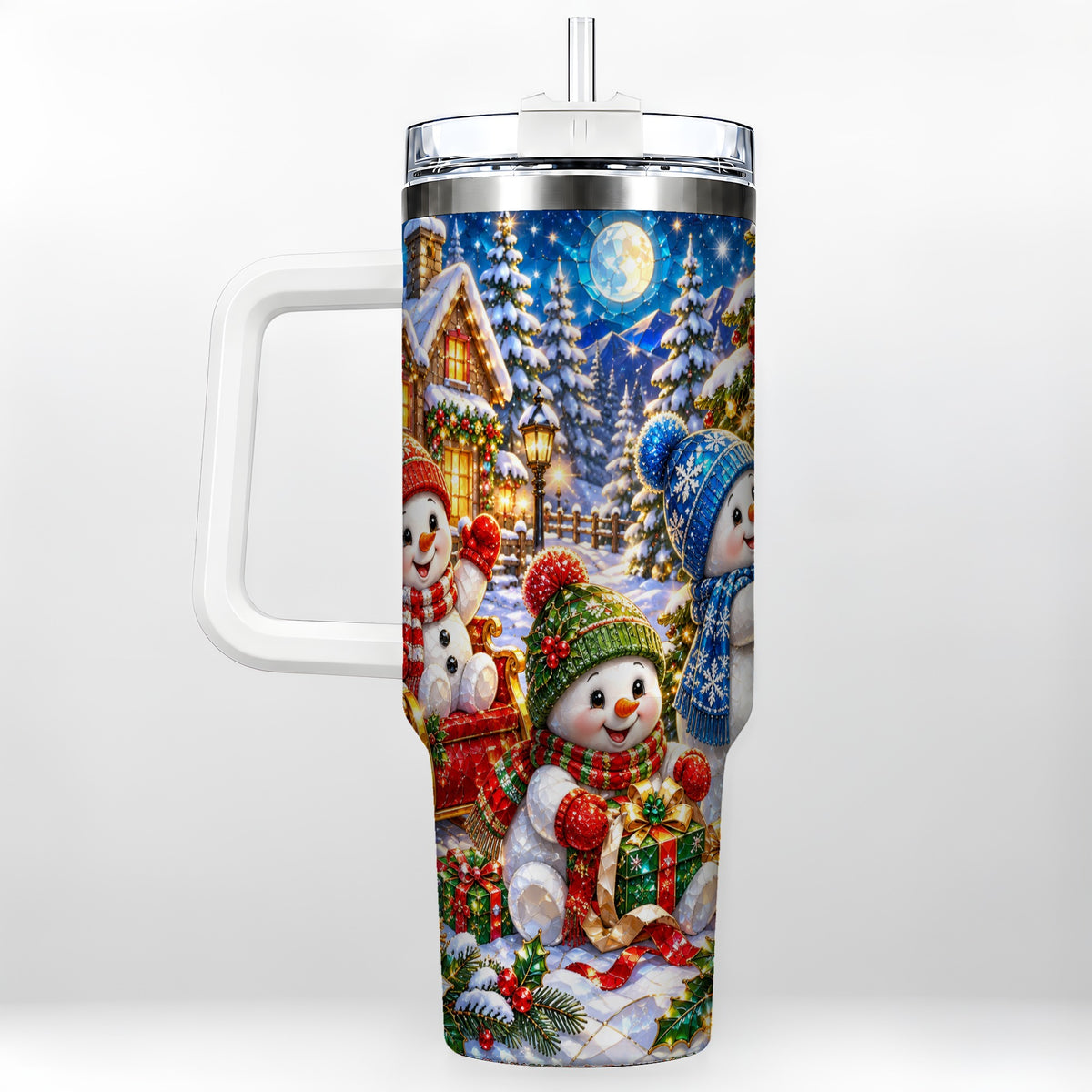 Snowman Family 40oz Tumbler with Handle, Christmas Stainless Steel Cup