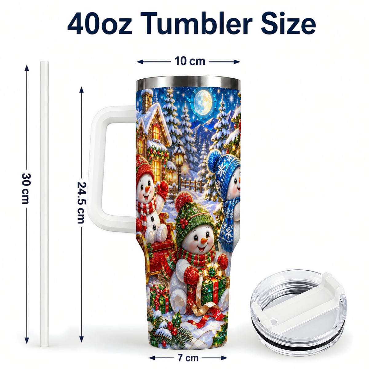 #pl[40oz|White] Snowman Family 40oz Tumbler with Handle, Christmas Stainless Steel Cup