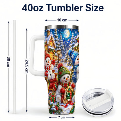 #pl[40oz|White] Snowman Family 40oz Tumbler with Handle, Christmas Stainless Steel Cup