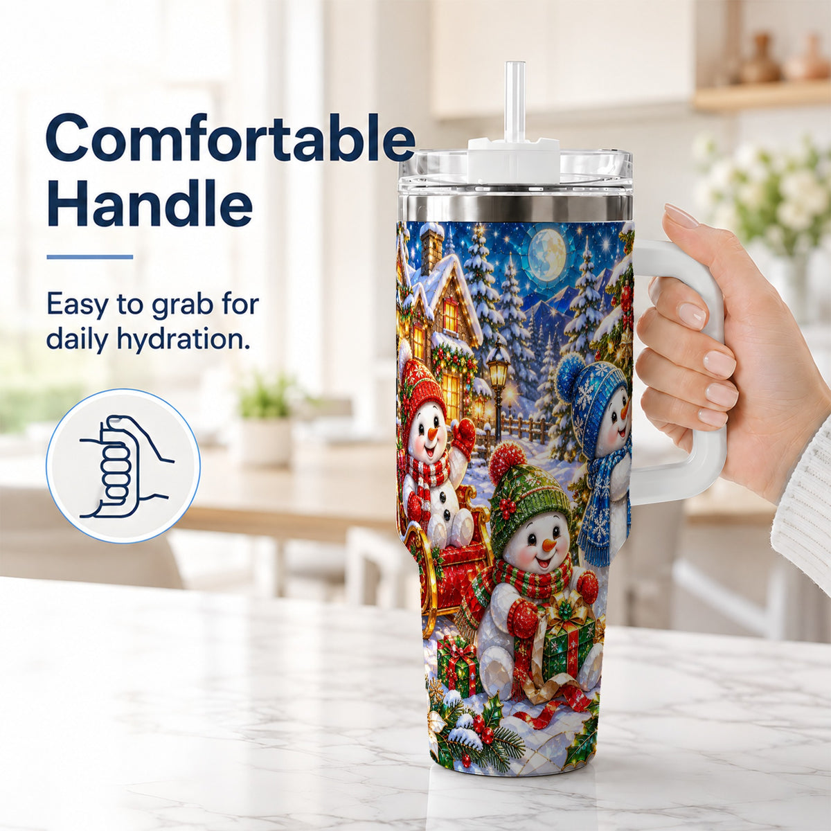 #pl[40oz|White] Snowman Family 40oz Tumbler with Handle, Christmas Stainless Steel Cup