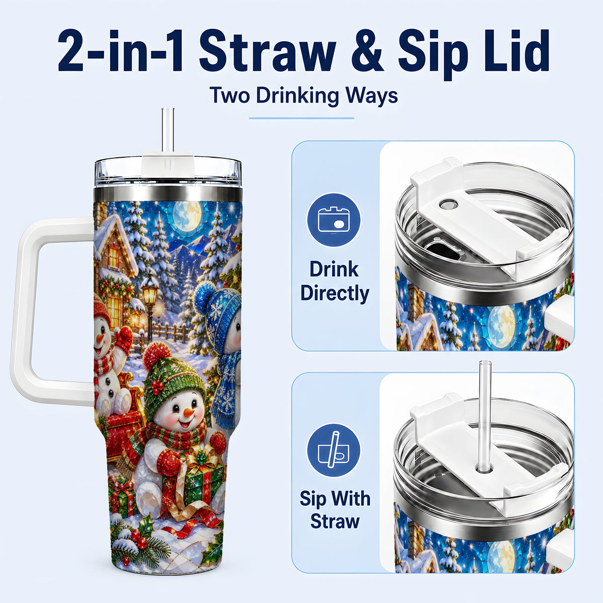#pl[40oz|White] Snowman Family 40oz Tumbler with Handle, Christmas Stainless Steel Cup