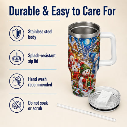 #pl[40oz|White] Snowman Family 40oz Tumbler with Handle, Christmas Stainless Steel Cup