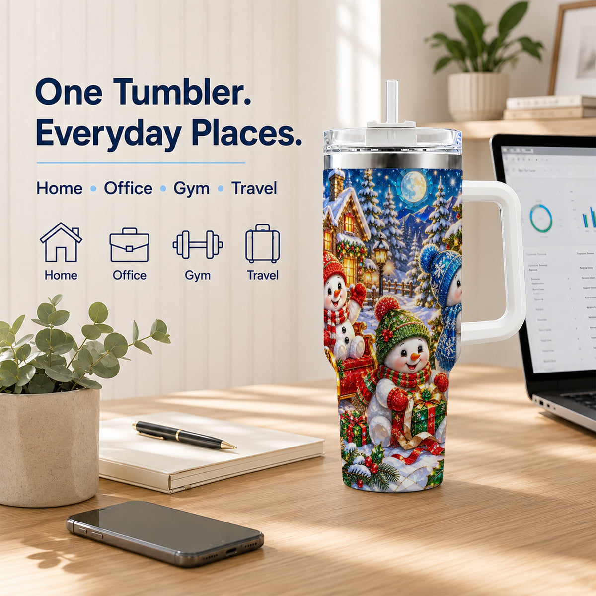 #pl[40oz|White] Snowman Family 40oz Tumbler with Handle, Christmas Stainless Steel Cup
