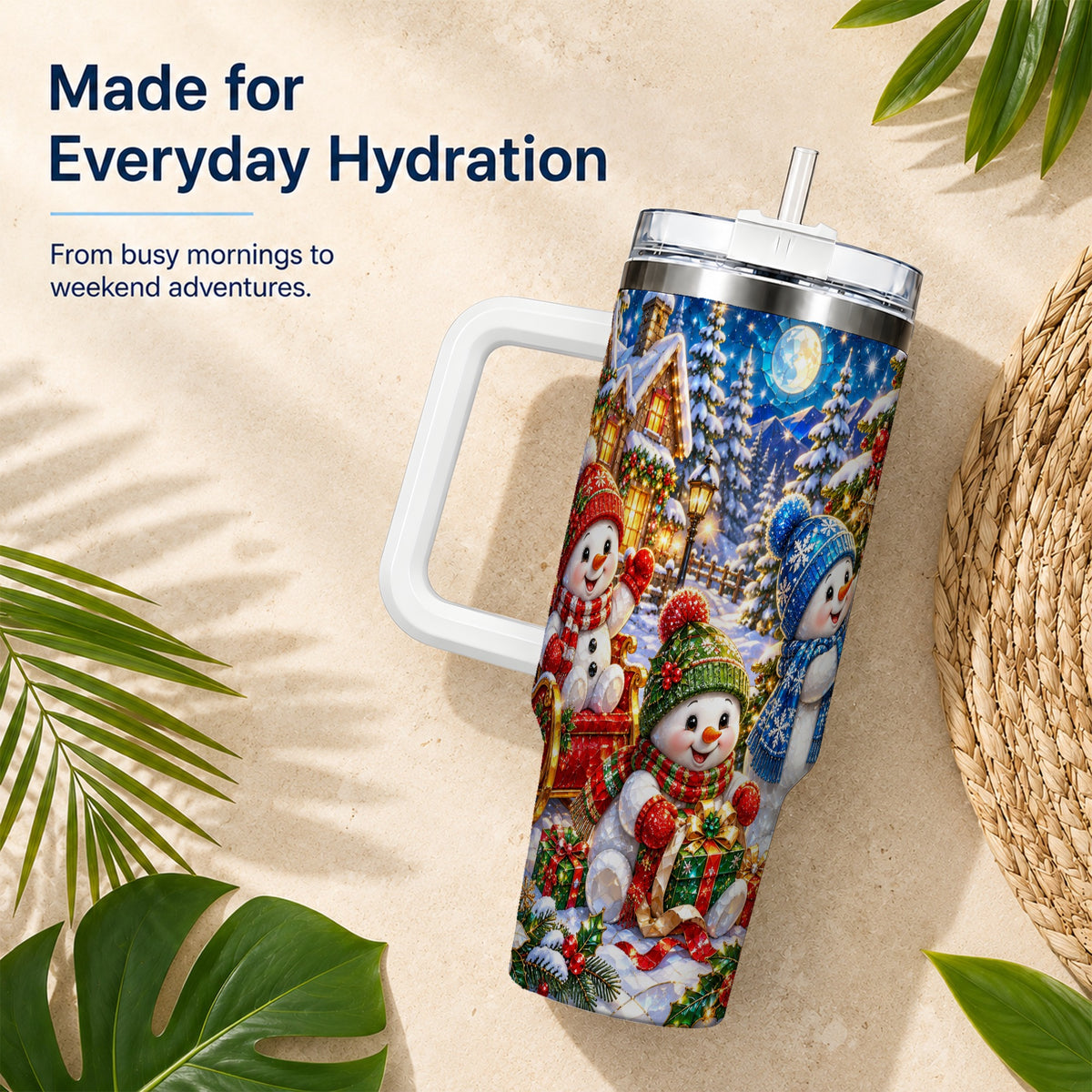 #pl[40oz|White] Snowman Family 40oz Tumbler with Handle, Christmas Stainless Steel Cup