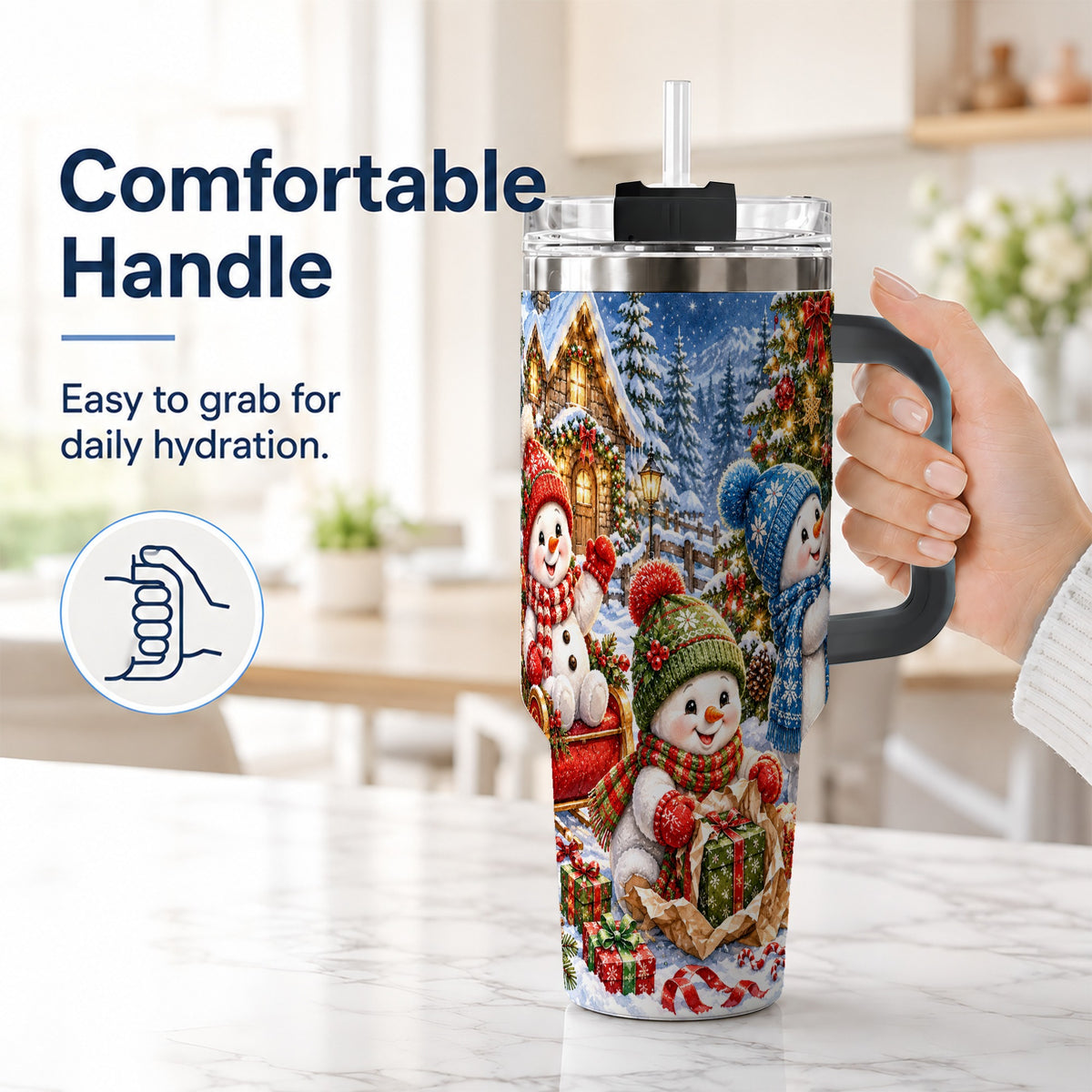 #pl[40oz|Black] Snowman Trio 40oz Tumbler with Handle, Christmas Stainless Steel Cup