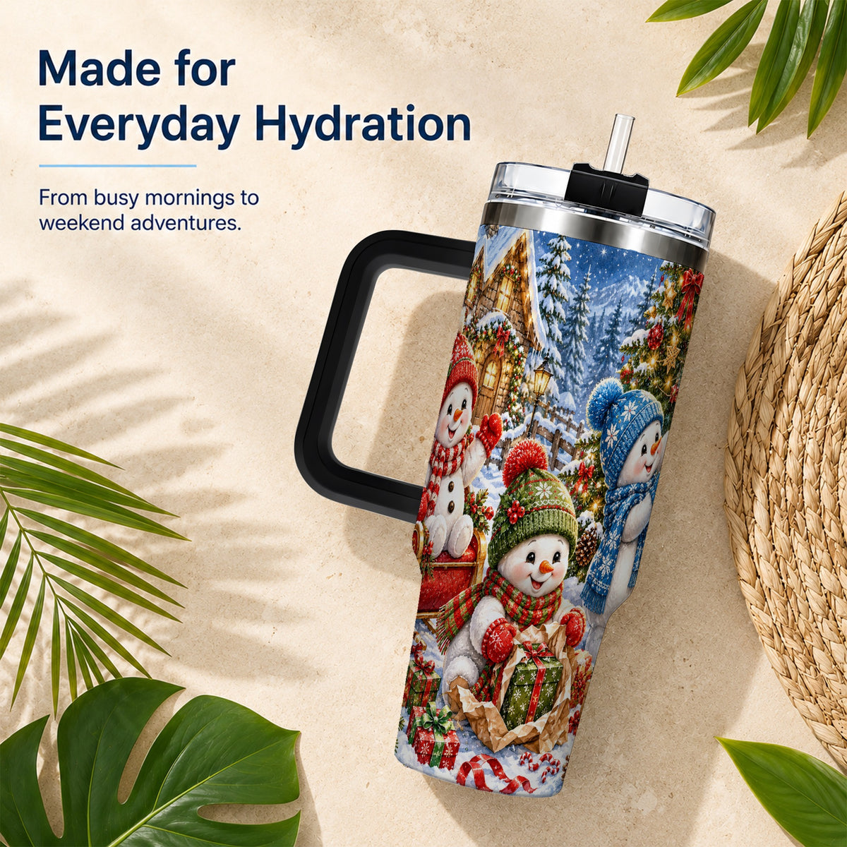 #pl[40oz|Black] Snowman Trio 40oz Tumbler with Handle, Christmas Stainless Steel Cup