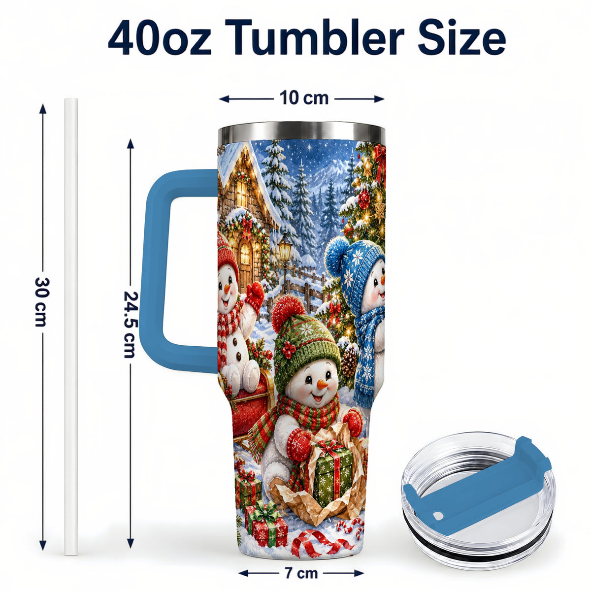 #pl[40oz|Blue] Snowman Trio 40oz Tumbler with Handle, Christmas Stainless Steel Cup