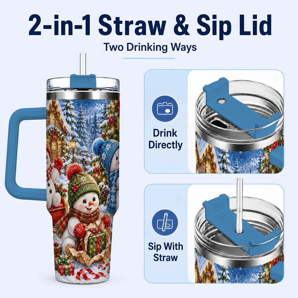 #pl[40oz|Blue] Snowman Trio 40oz Tumbler with Handle, Christmas Stainless Steel Cup