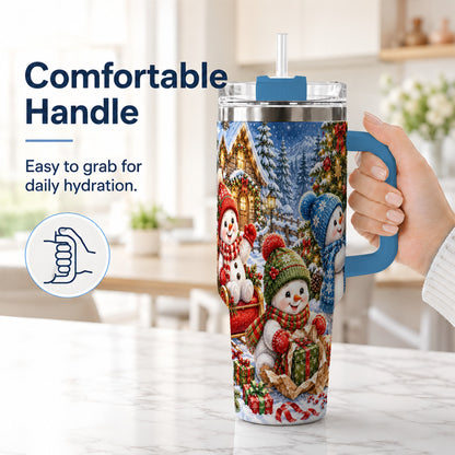 #pl[40oz|Blue] Snowman Trio 40oz Tumbler with Handle, Christmas Stainless Steel Cup